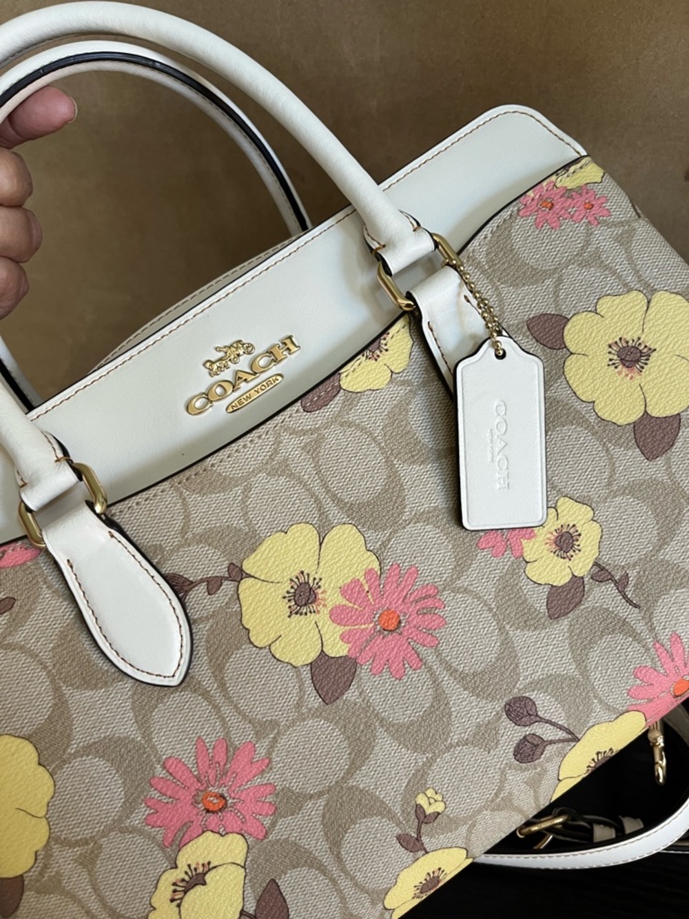 Coach Darcie Large Floral Signature Satchel in Beige, White, Yellow and Pink - Picture 5 of 11